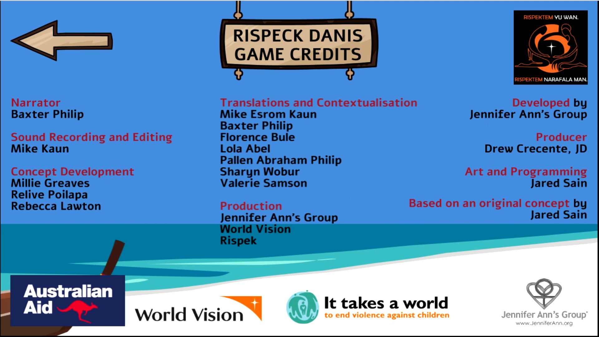 Credits screen from Rispek Danis (The Respect Dance) a video game about consent and healthy dating relationships.